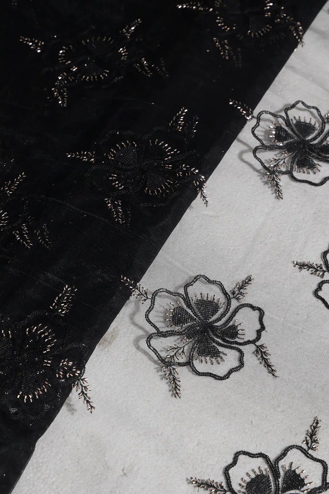 Black Thread & Gold Beads With Water Sequins Floral Embroidery On Black Soft Net Fabric