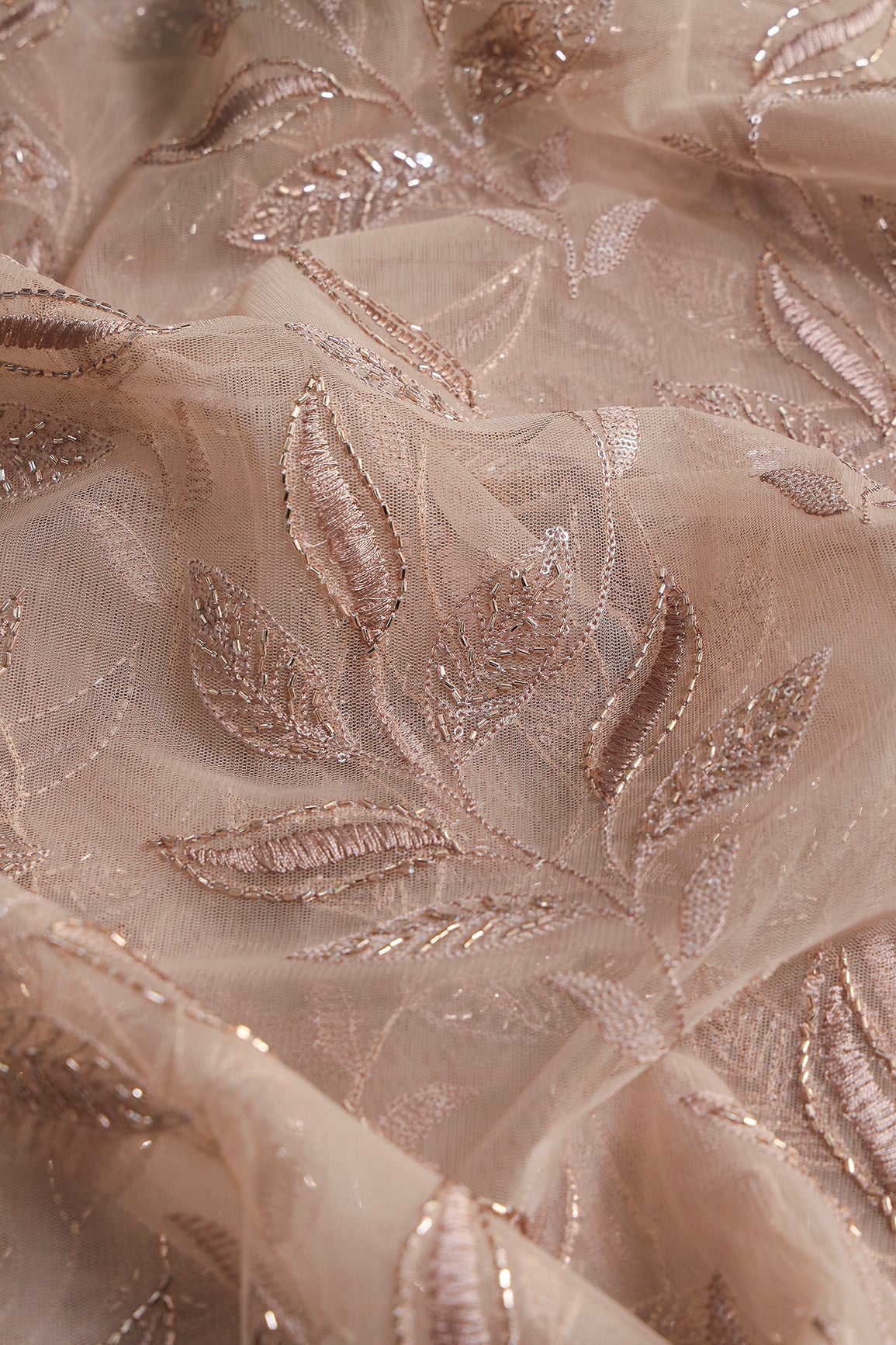 Brown Thread & Beads With Water Sequins Leafy Embroidery Work On Brown Soft Net Fabric