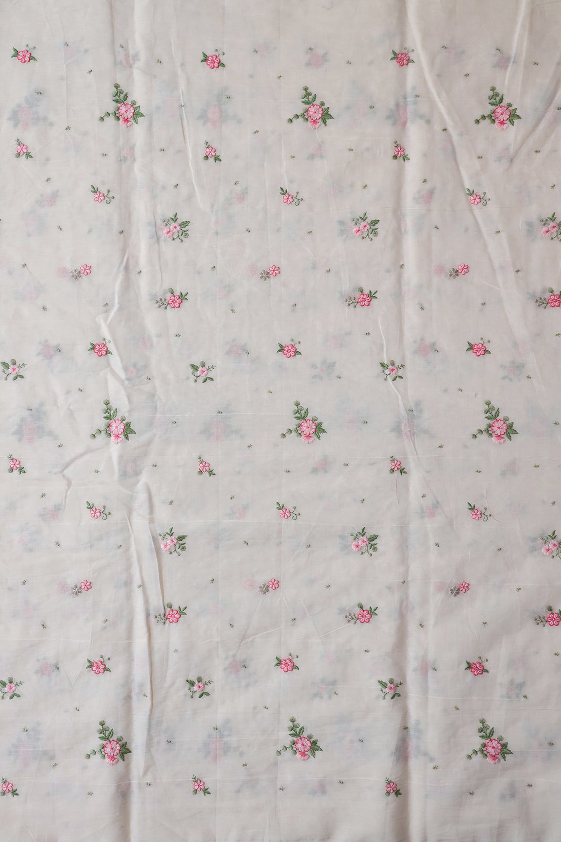 Pink And Olive Thread Small Floral Embroidery On Off White Organic Cotton Fabric