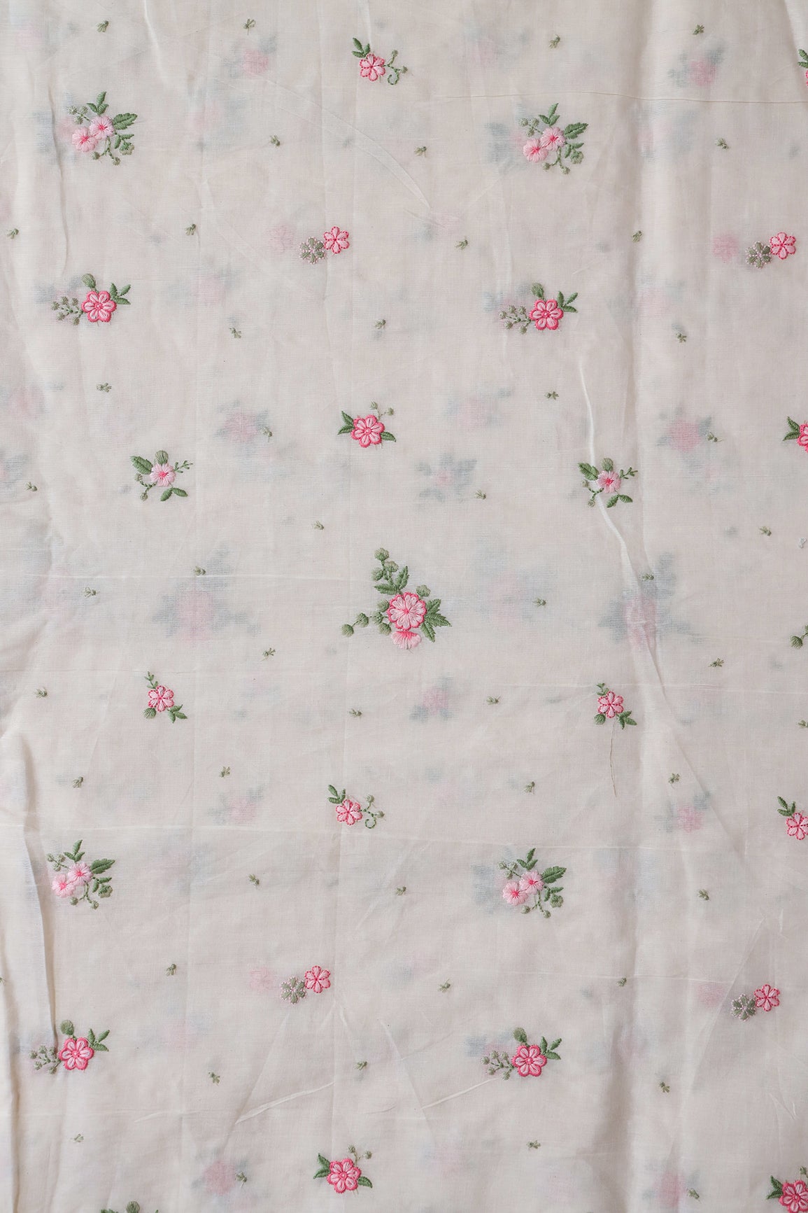 Pink And Olive Thread Small Floral Embroidery On Off White Organic Cotton Fabric