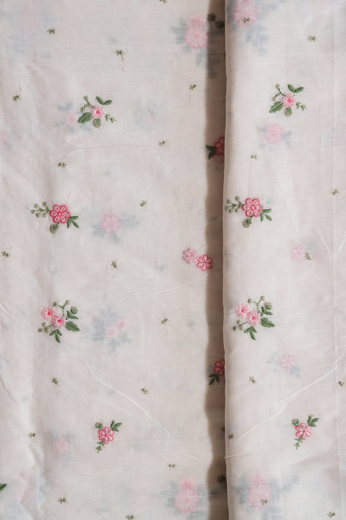 Pink And Olive Thread Small Floral Embroidery On Off White Organic Cotton Fabric