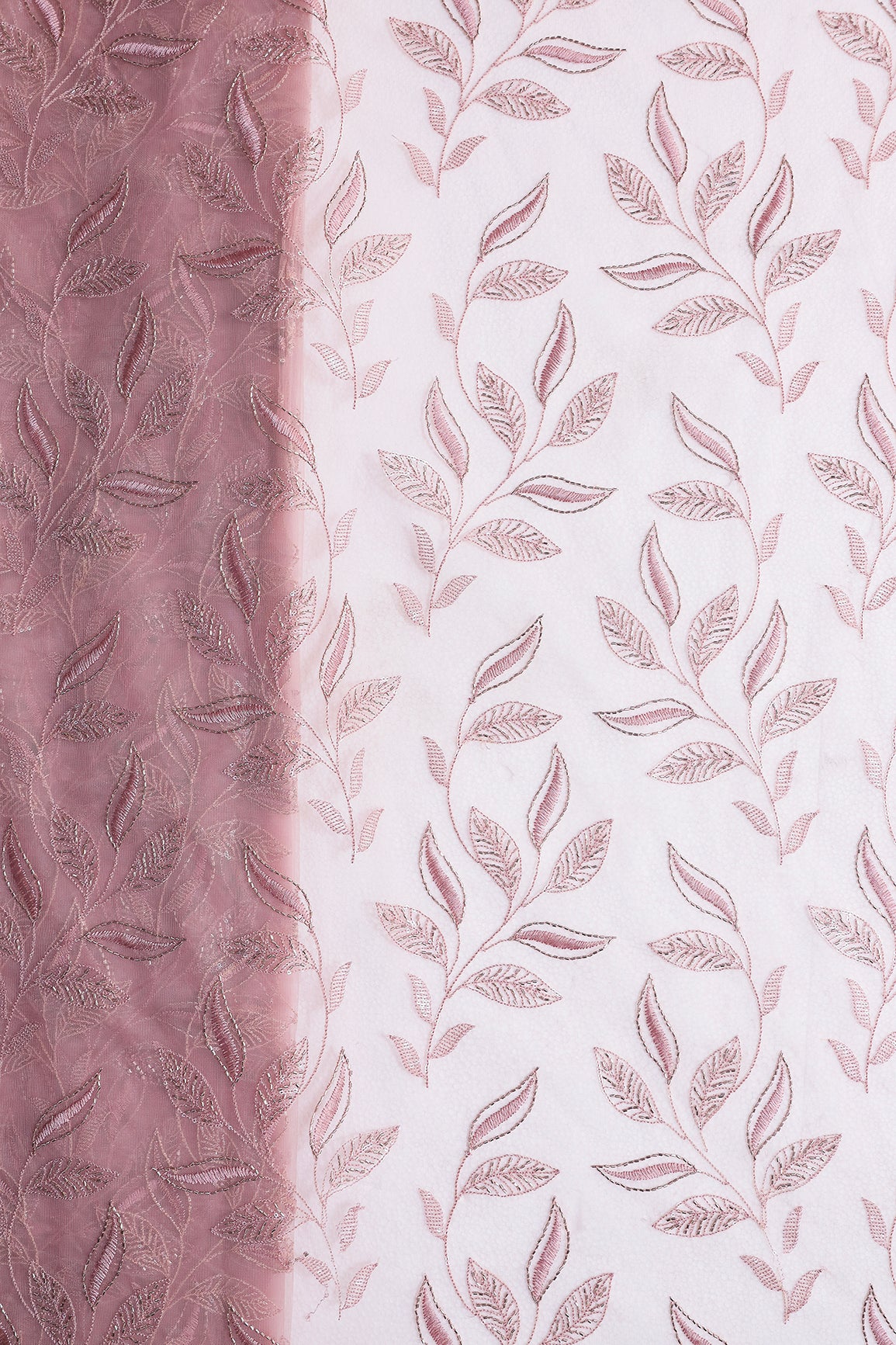 Dusty Pink Thread & Beads With Water Sequins Leafy Embroidery Work On Dusty Pink Soft Net Fabric