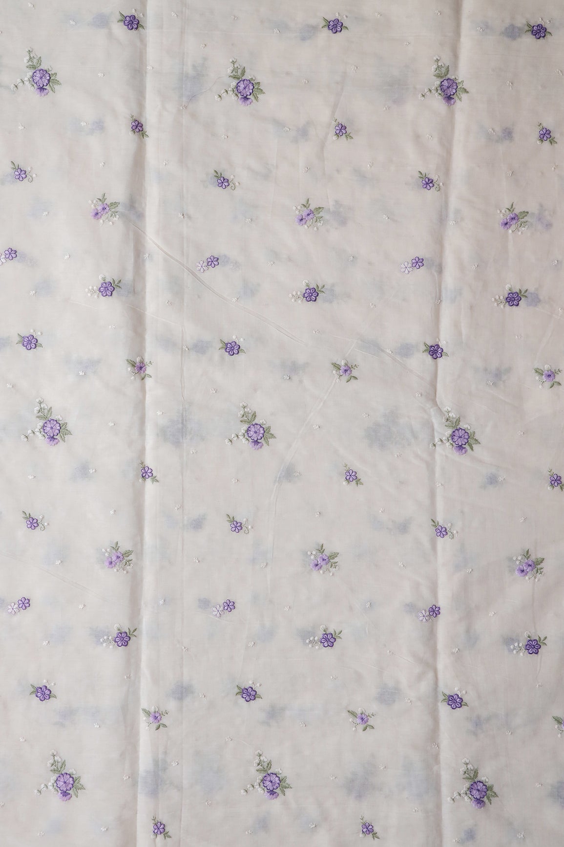 Lavender And Light Olive Thread Small Floral Embroidery On Off White Organic Cotton Fabric
