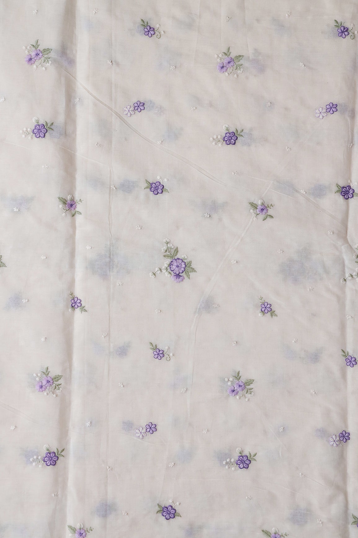 Lavender And Light Olive Thread Small Floral Embroidery On Off White Organic Cotton Fabric
