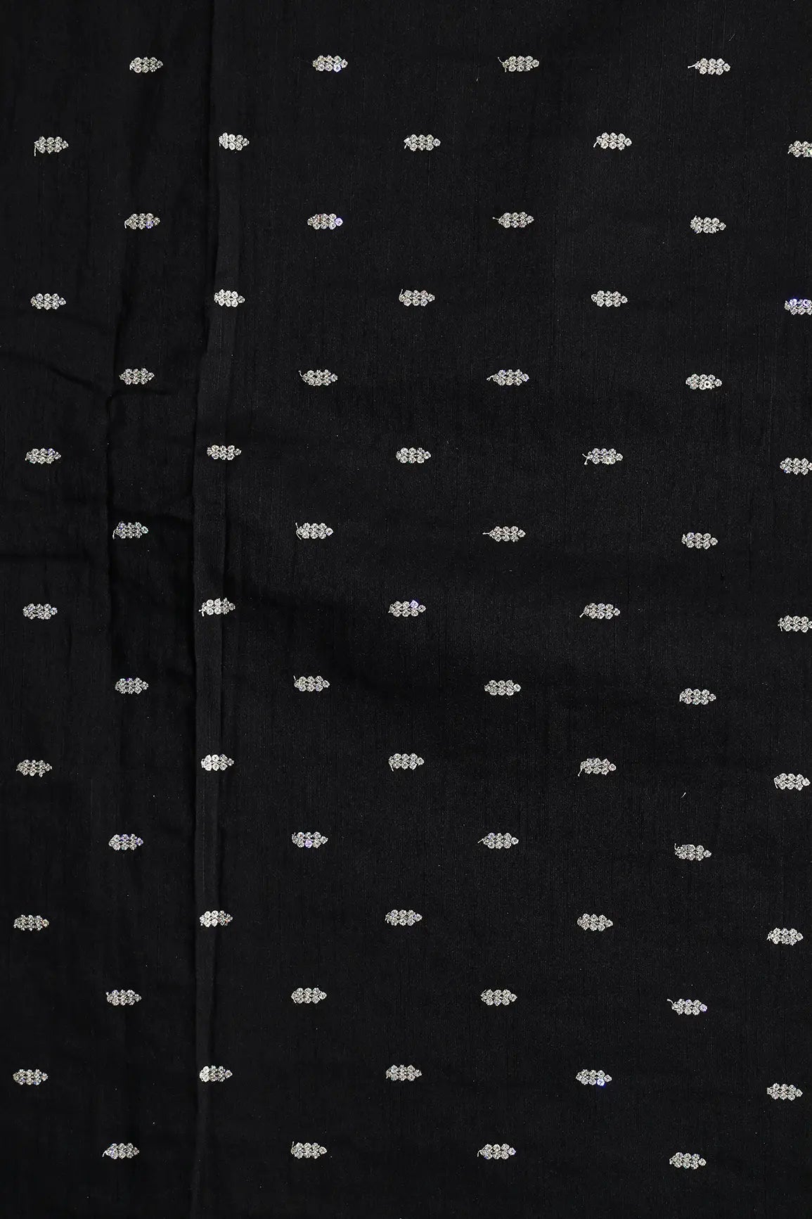 Silver Sequins With Gold Zari Small Motif Embroidery Work On Black Raw Silk Fabric