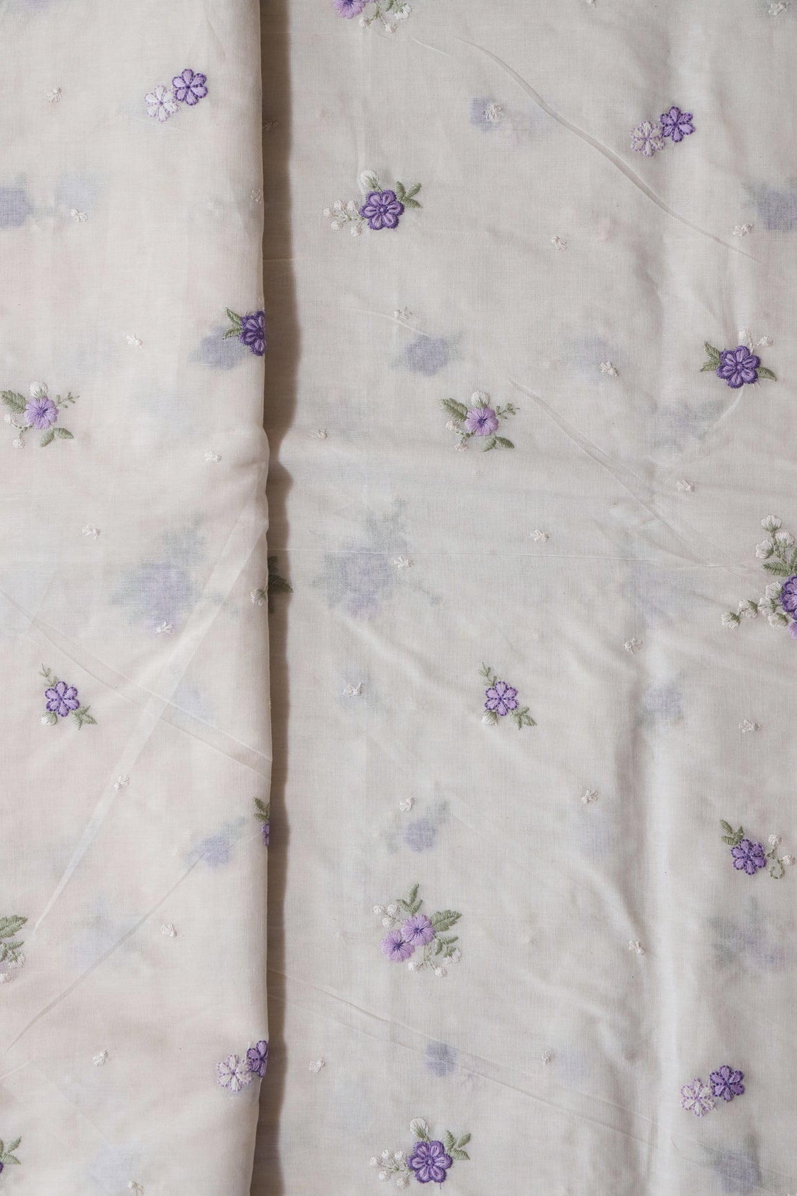 Lavender And Light Olive Thread Small Floral Embroidery On Off White Organic Cotton Fabric
