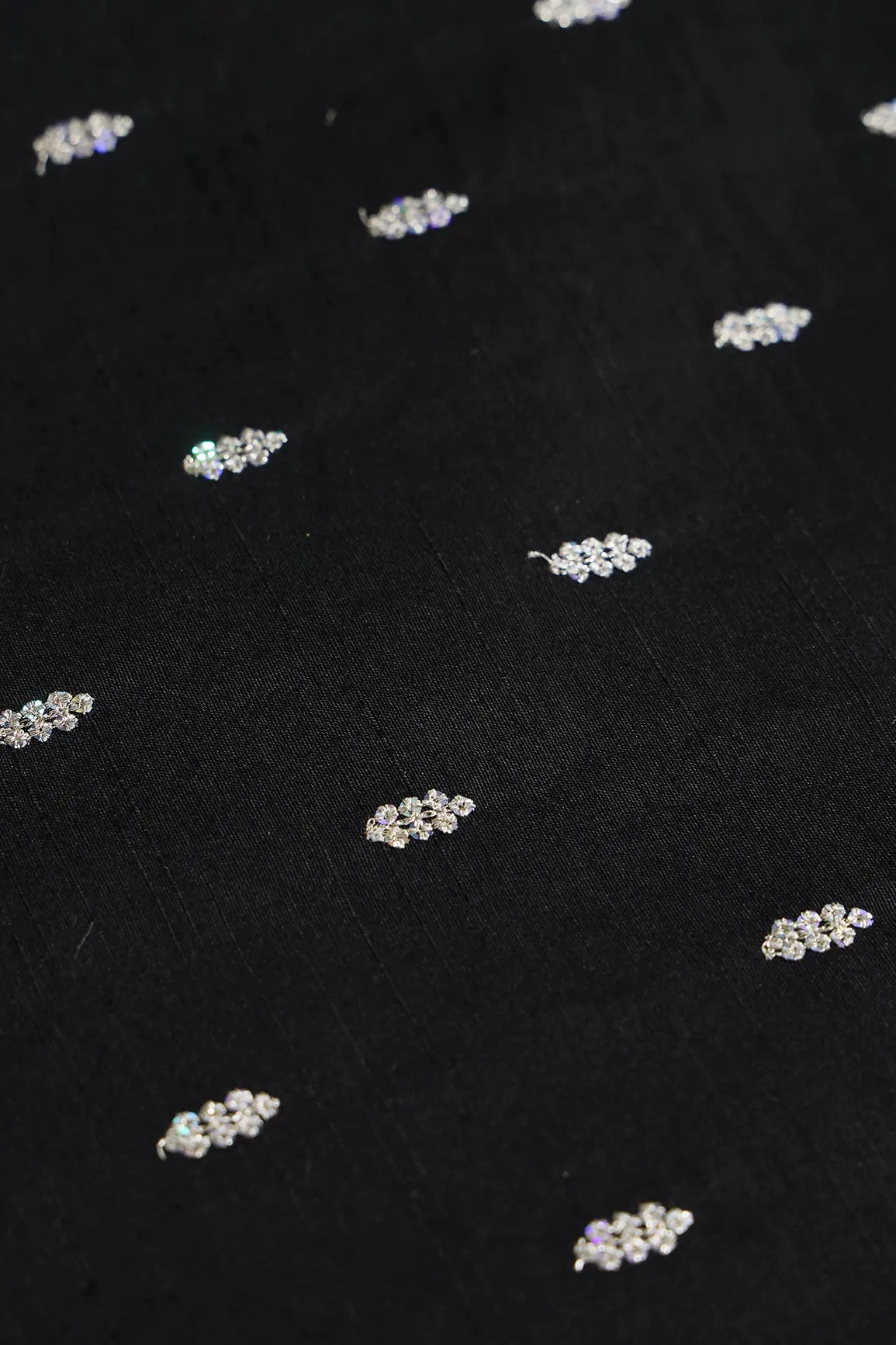 Silver Sequins With Gold Zari Small Motif Embroidery Work On Black Raw Silk Fabric