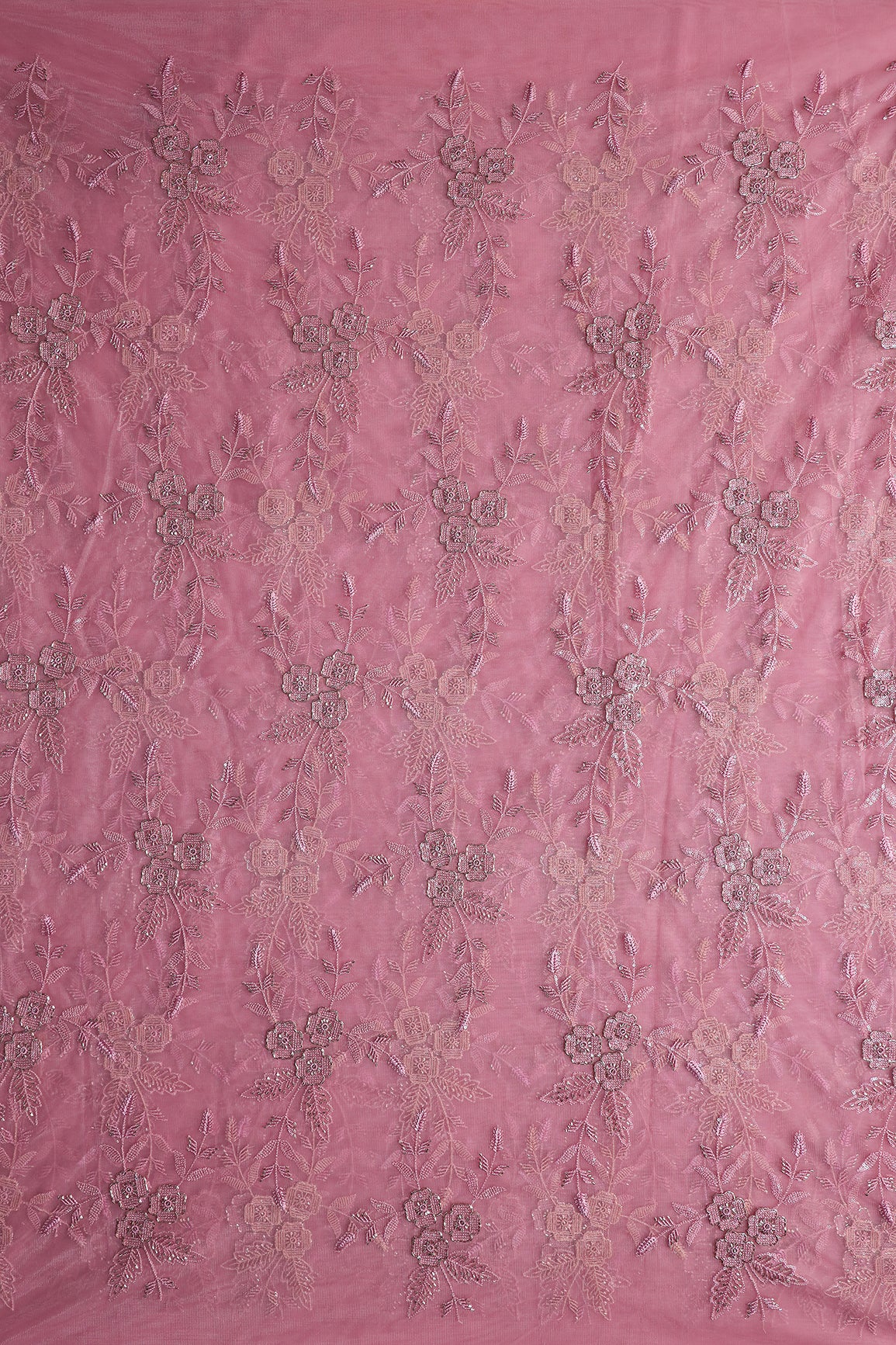 Pink Thread & Beads With Water Sequins Floral Embroidery Work On Pink Soft Net Fabric