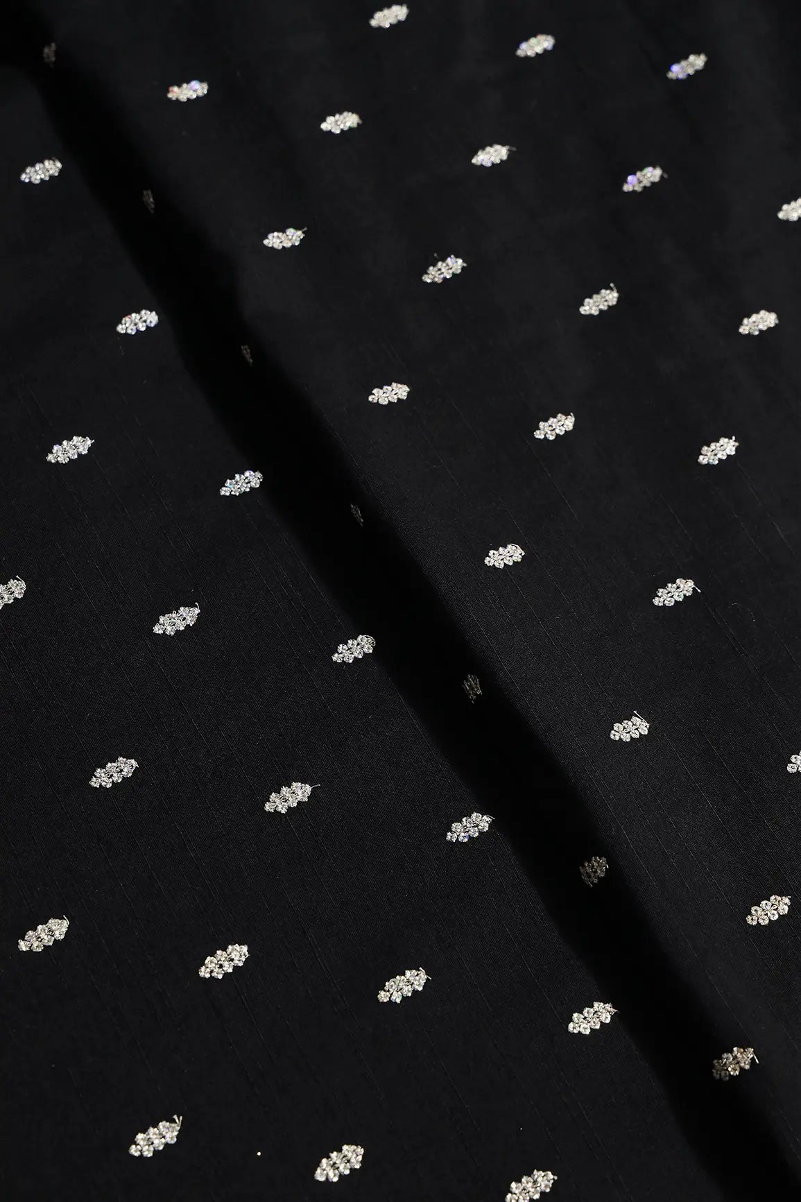 Silver Sequins With Gold Zari Small Motif Embroidery Work On Black Raw Silk Fabric