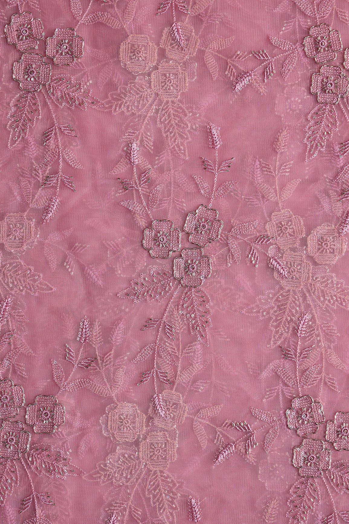 Pink Thread & Beads With Water Sequins Floral Embroidery Work On Pink Soft Net Fabric