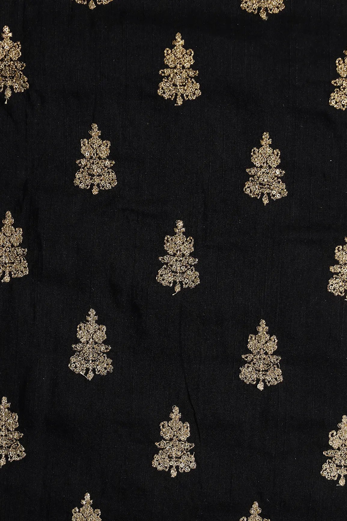 Gold Sequins With Gold Zari Big Motif Embroidery Work On Black Raw Silk Fabric