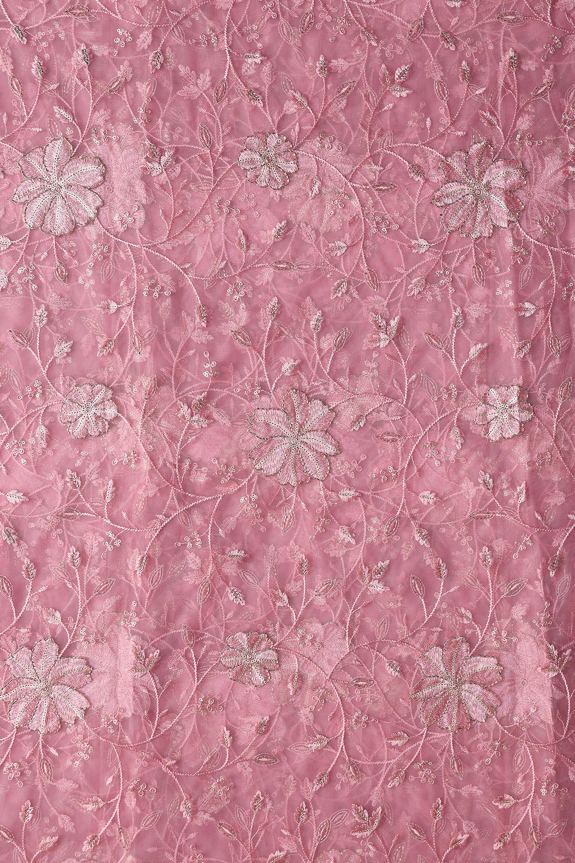 Pink Thread & Beads With Gold Sequins Floral Leafy Embroidery Work On Pink Soft Net Fabric