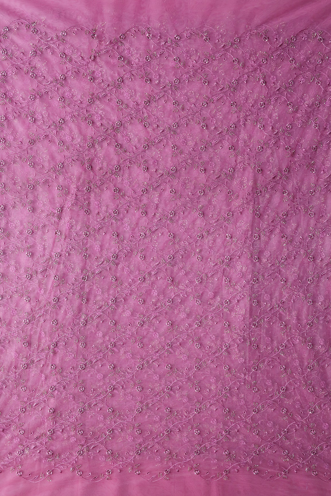Onion Pink Thread With Beads Floral Leafy Embroidery Work On Onion Pink Soft Net Fabric
