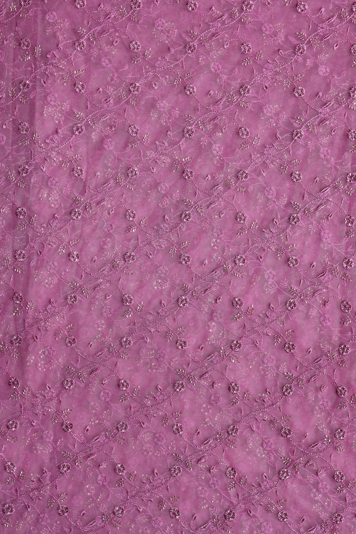 Onion Pink Thread With Beads Floral Leafy Embroidery Work On Onion Pink Soft Net Fabric