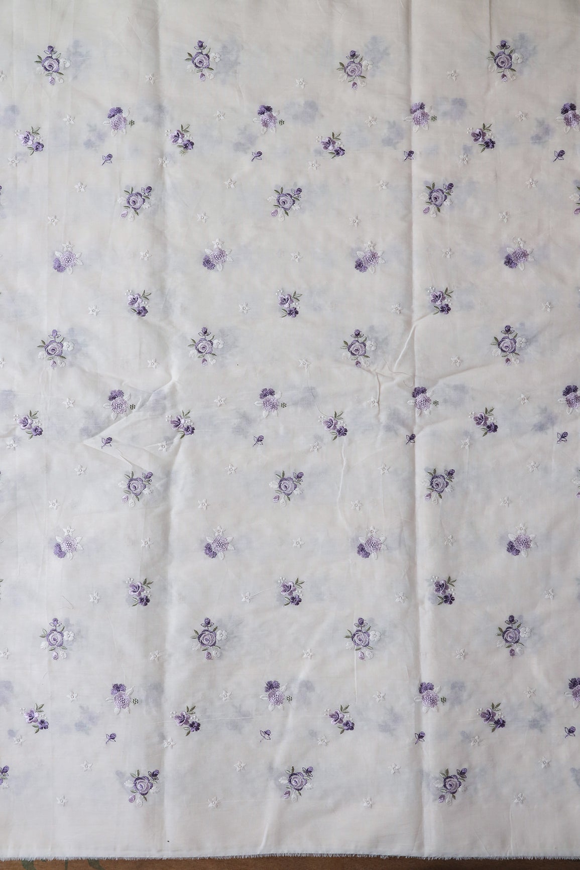 Lavender And White Thread Small Floral Embroidery On Off White Organic Cotton Fabric