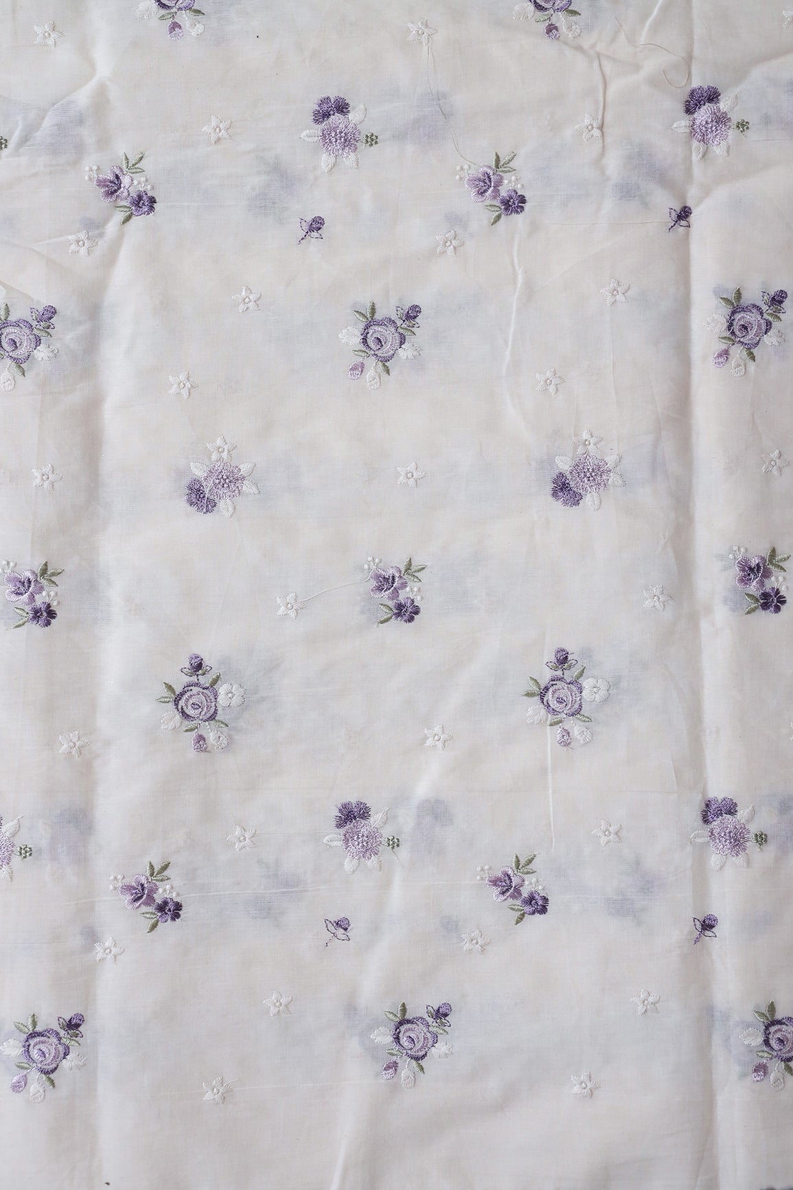 Lavender And White Thread Small Floral Embroidery On Off White Organic Cotton Fabric