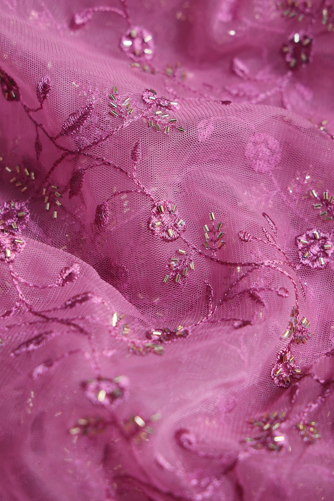 Onion Pink Thread With Beads Floral Leafy Embroidery Work On Onion Pink Soft Net Fabric
