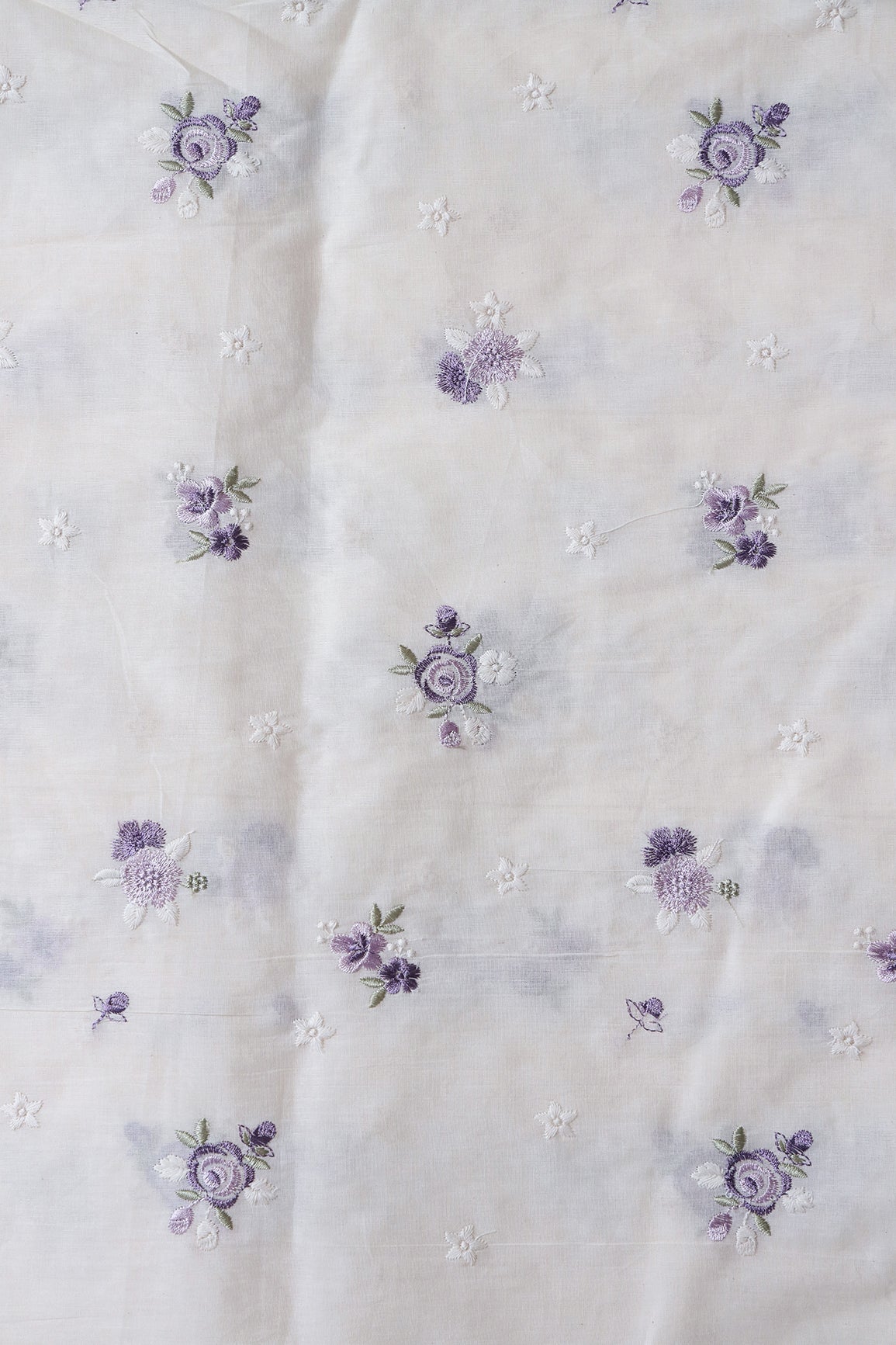 Lavender And White Thread Small Floral Embroidery On Off White Organic Cotton Fabric