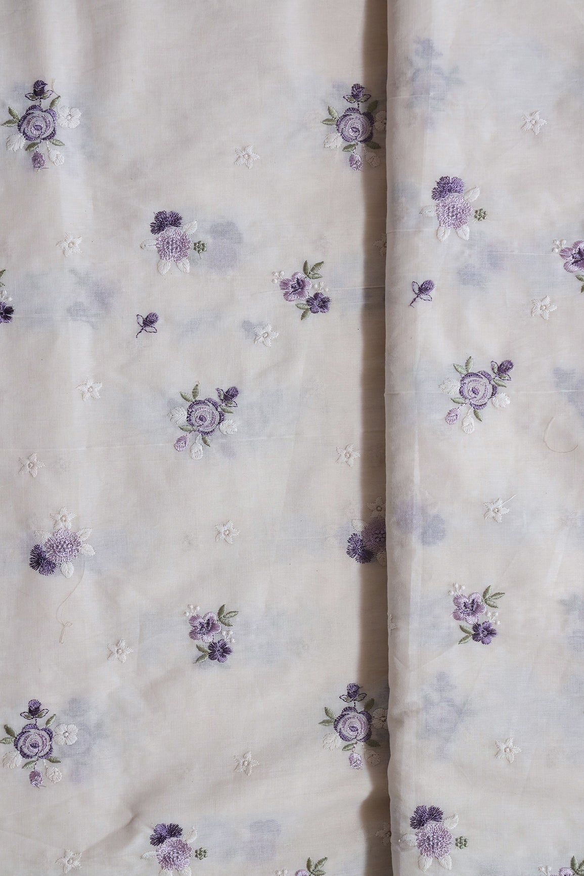 Lavender And White Thread Small Floral Embroidery On Off White Organic Cotton Fabric