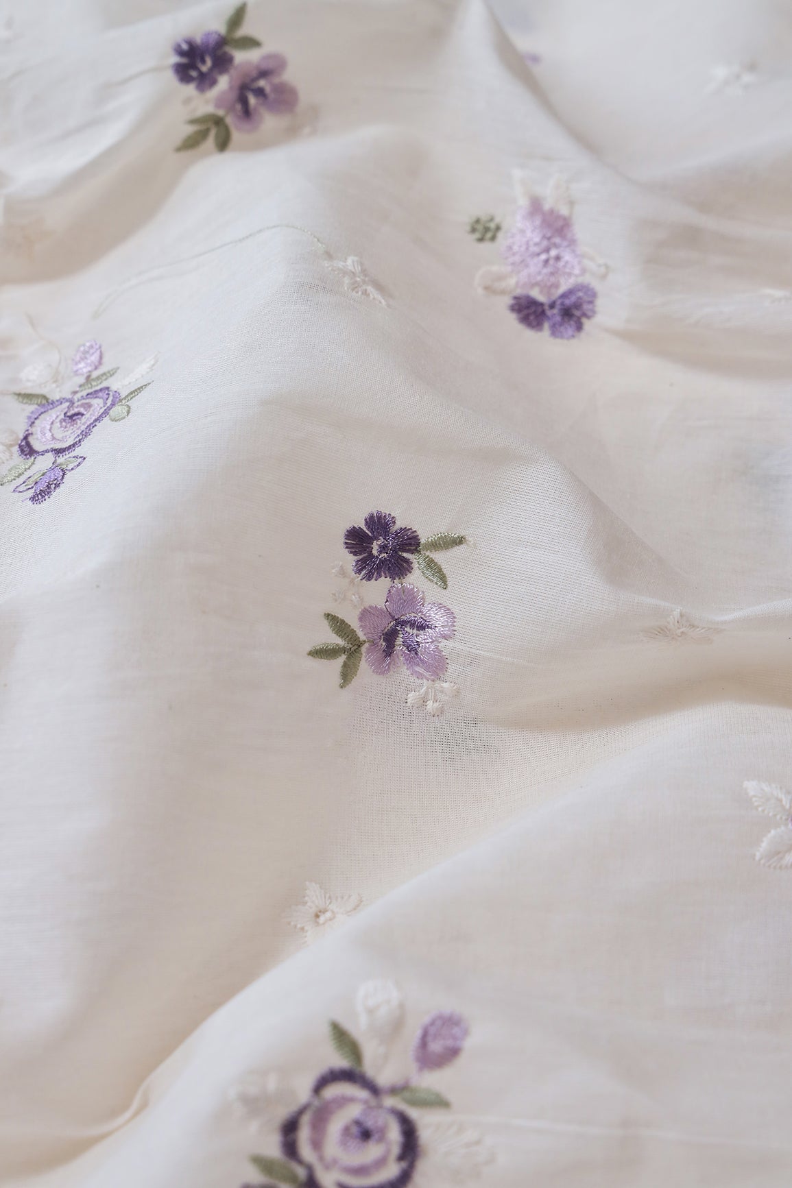 Lavender And White Thread Small Floral Embroidery On Off White Organic Cotton Fabric