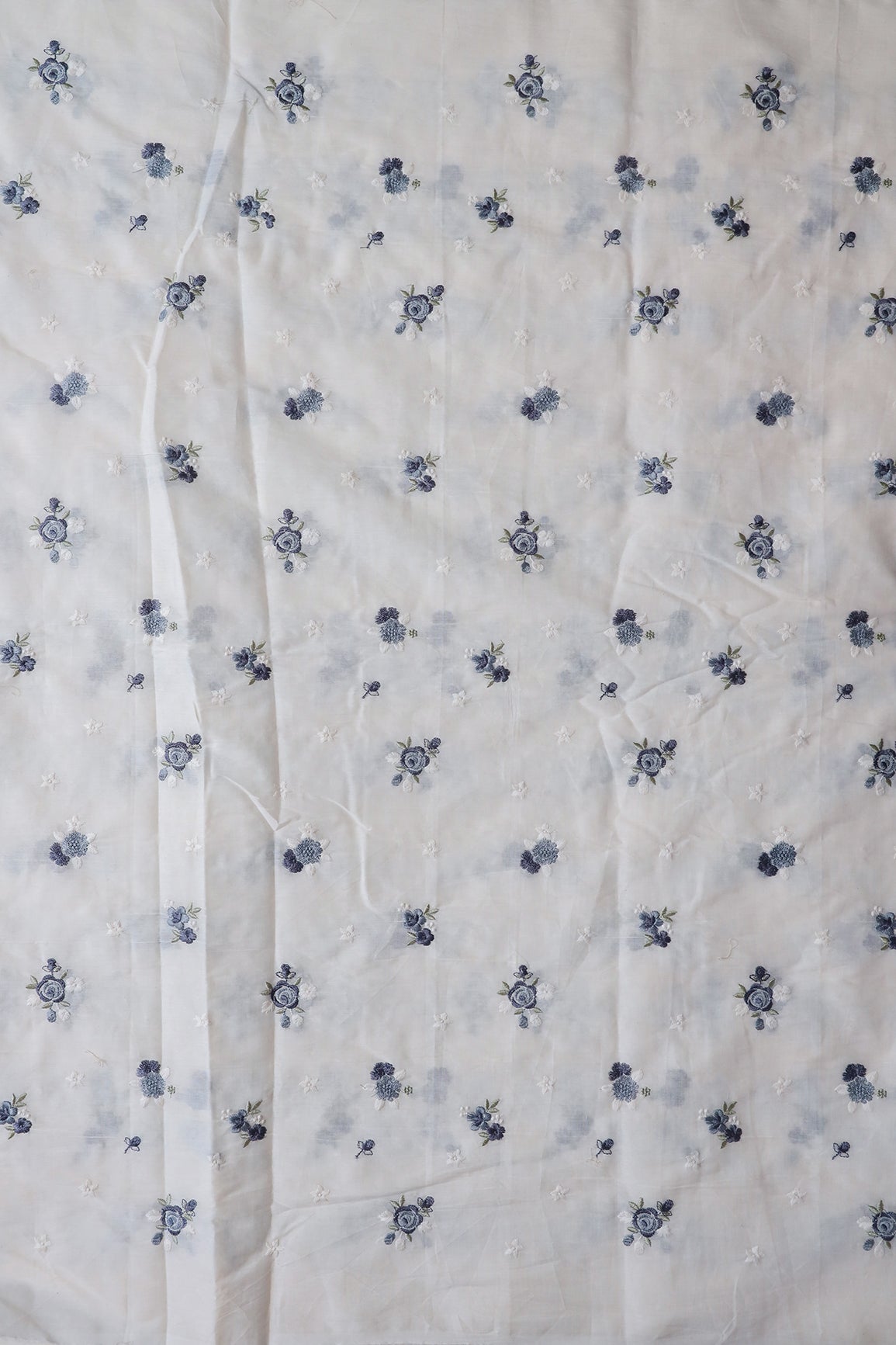 Grey And White Thread Small Floral Embroidery On Off White Organic Cotton Fabric