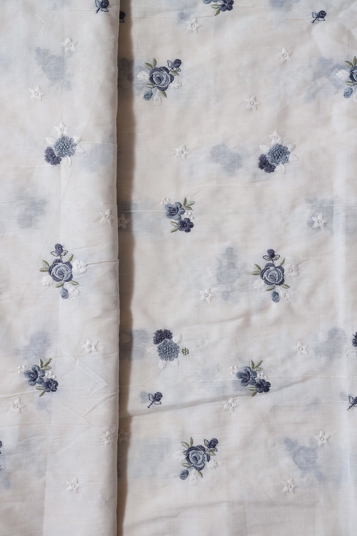 Grey And White Thread Small Floral Embroidery On Off White Organic Cotton Fabric