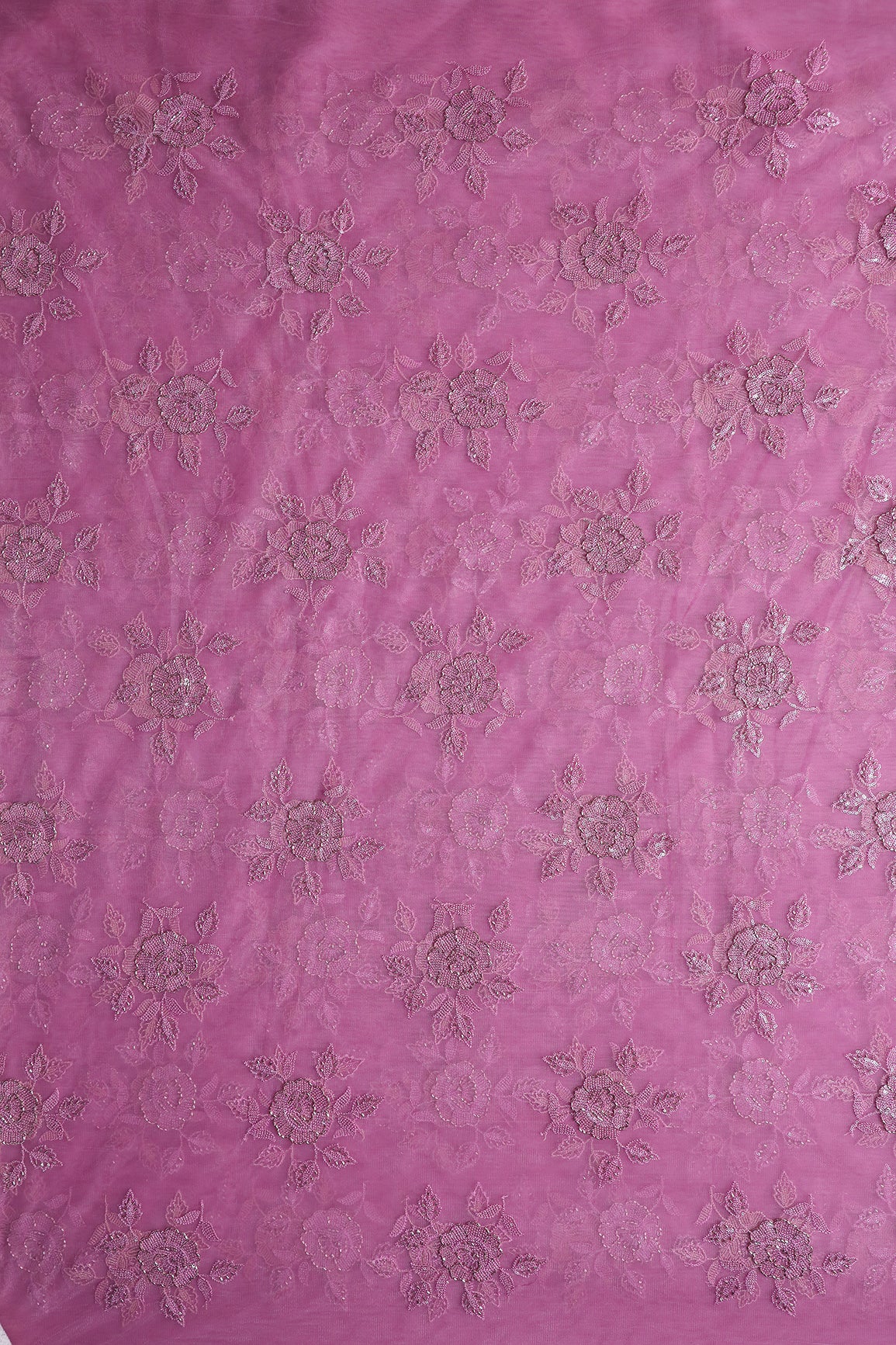 Onion Pink Thread & Beads With Water Sequins Floral Embroidery Work On Onion Pink Soft Net Fabric