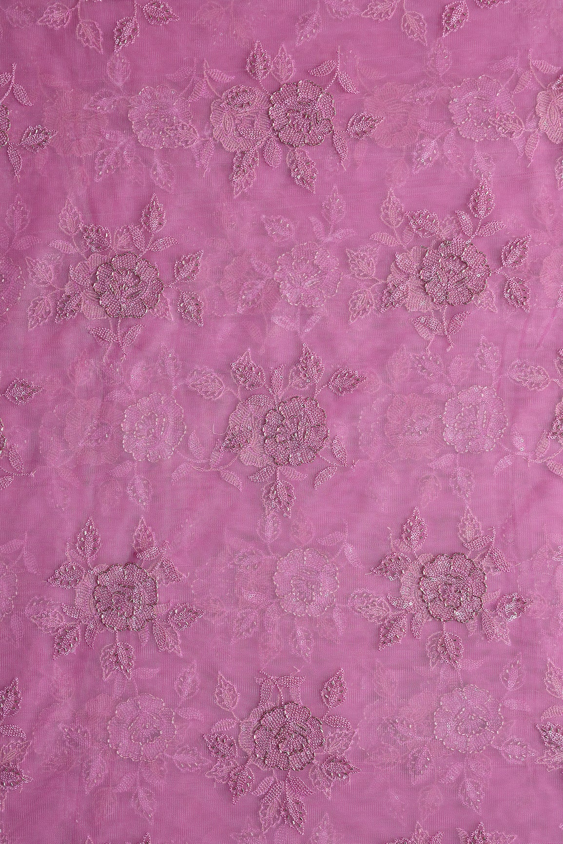 Onion Pink Thread & Beads With Water Sequins Floral Embroidery Work On Onion Pink Soft Net Fabric