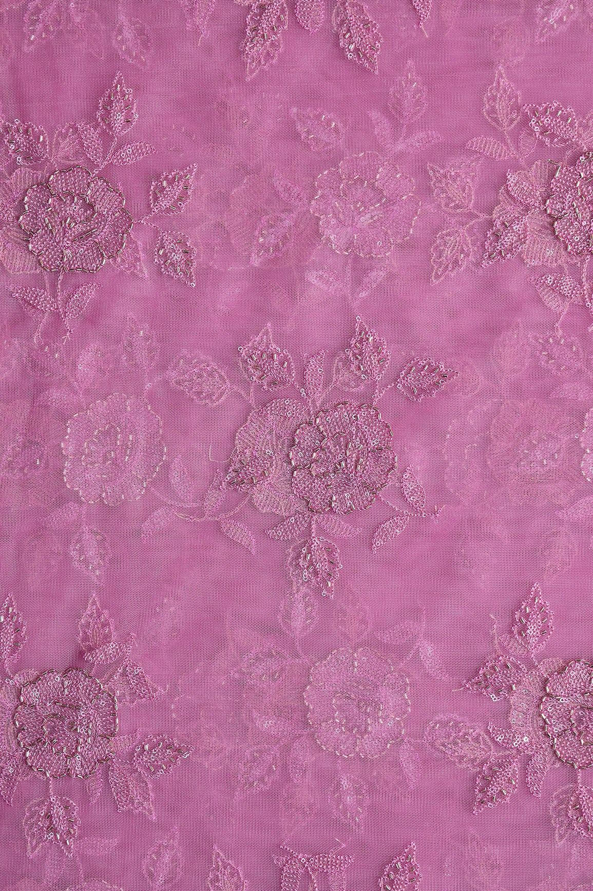 Onion Pink Thread & Beads With Water Sequins Floral Embroidery Work On Onion Pink Soft Net Fabric