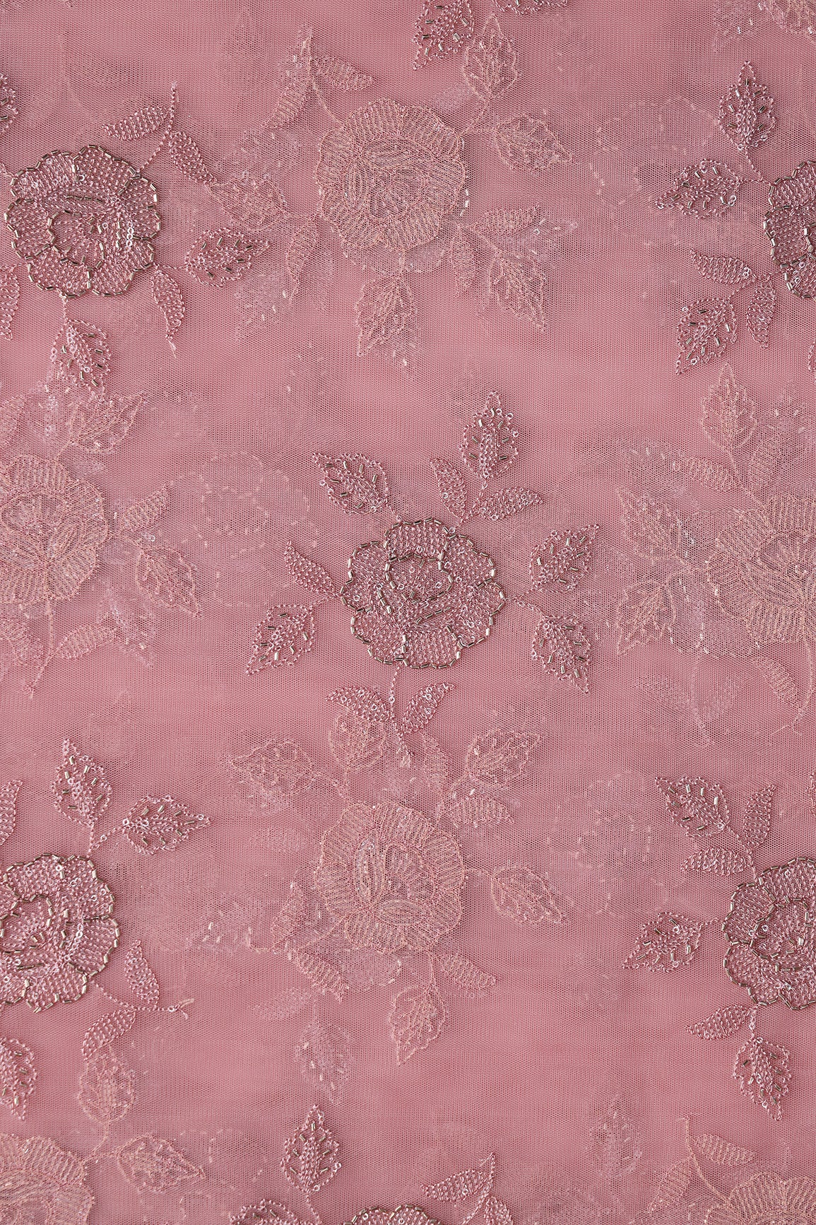 Dusty Pink Thread & Beads With Water Sequins Floral Embroidery Work On Dusty Pink Soft Net Fabric