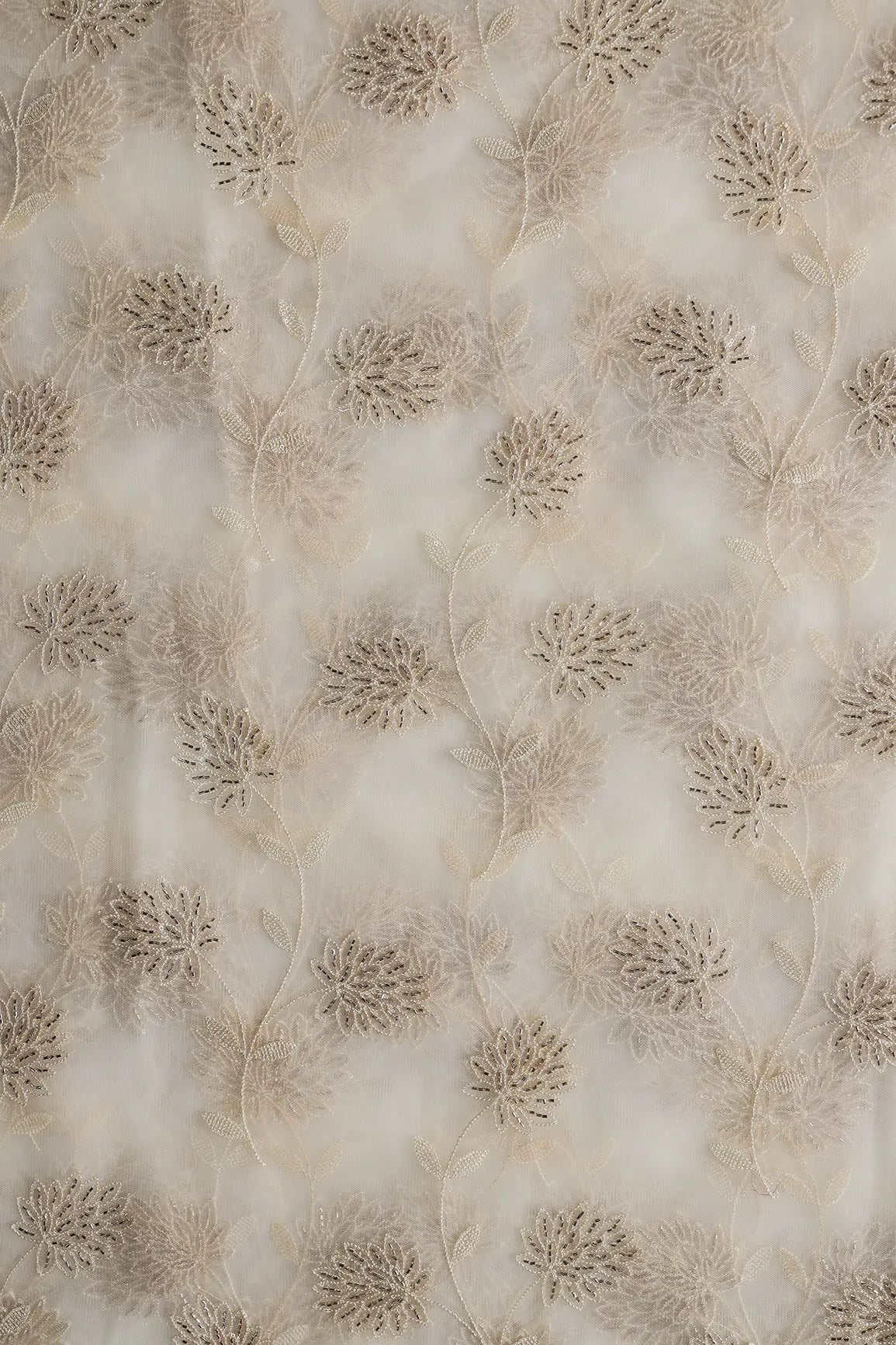 Off White Thread & Gold Beads With Water Sequins Floral Embroidery On Off White Soft Net Fabric