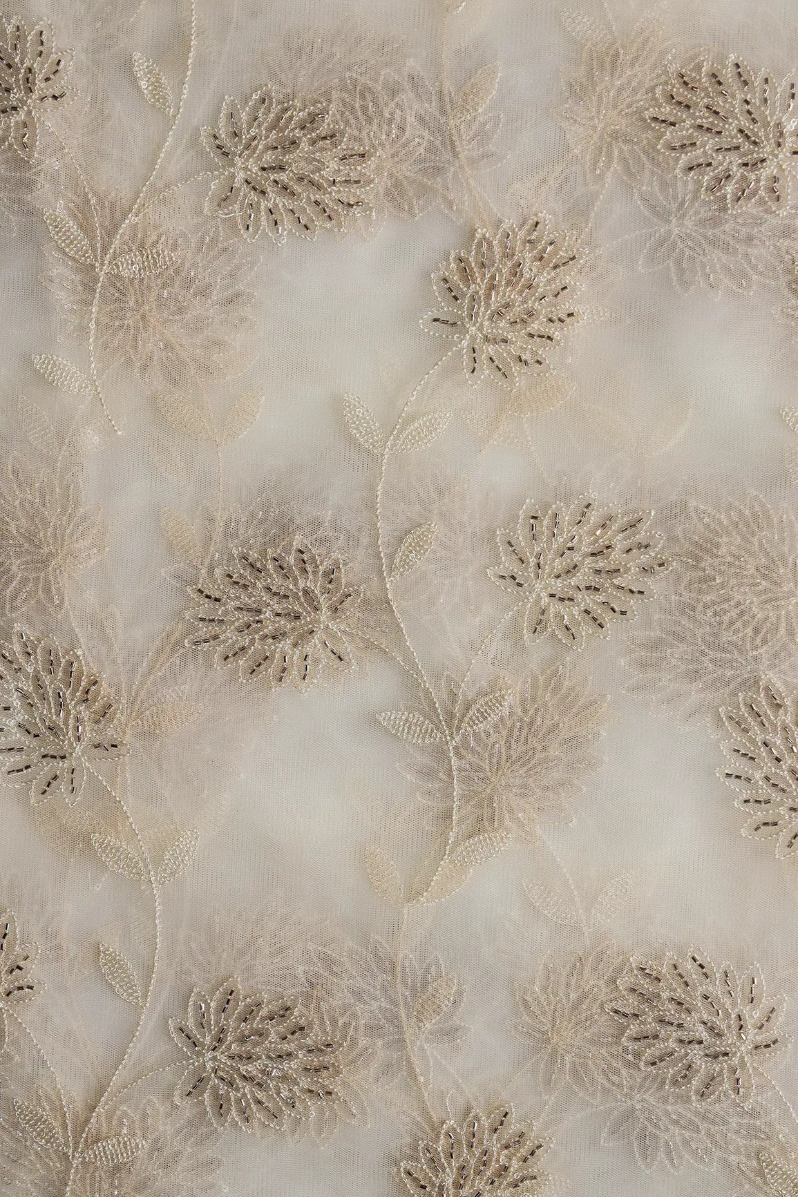 Off White Thread & Gold Beads With Water Sequins Floral Embroidery On Off White Soft Net Fabric