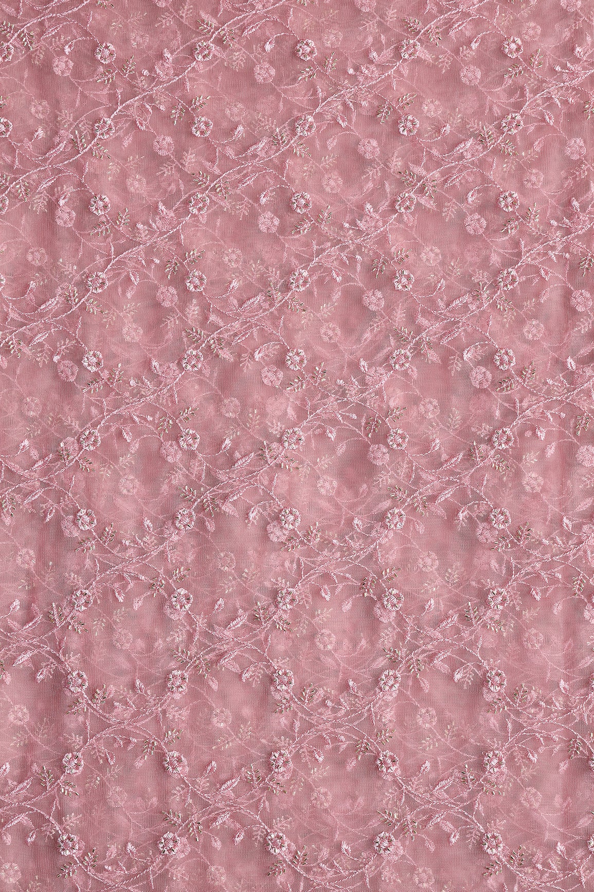 Dusty Pink Thread With Beads Floral Leafy Embroidery Work On Dusty Pink Soft Net Fabric