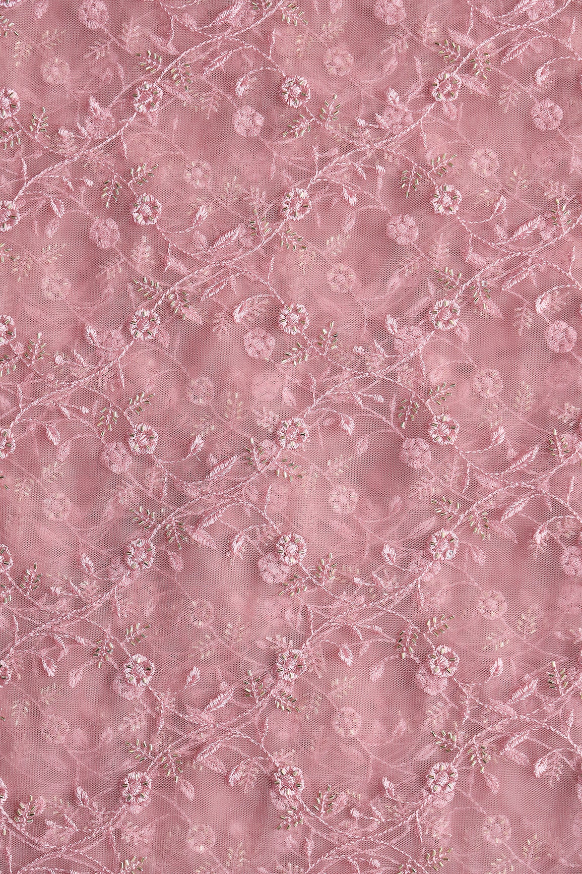 Dusty Pink Thread With Beads Floral Leafy Embroidery Work On Dusty Pink Soft Net Fabric