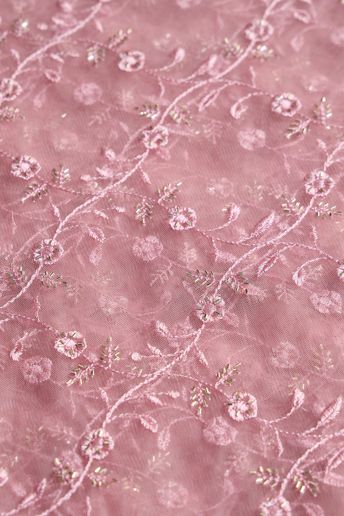 Dusty Pink Thread With Beads Floral Leafy Embroidery Work On Dusty Pink Soft Net Fabric