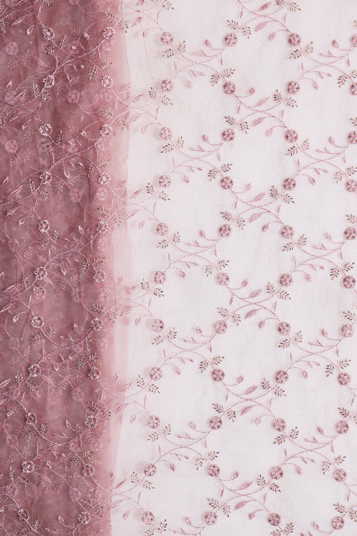 Dusty Pink Thread With Beads Floral Leafy Embroidery Work On Dusty Pink Soft Net Fabric