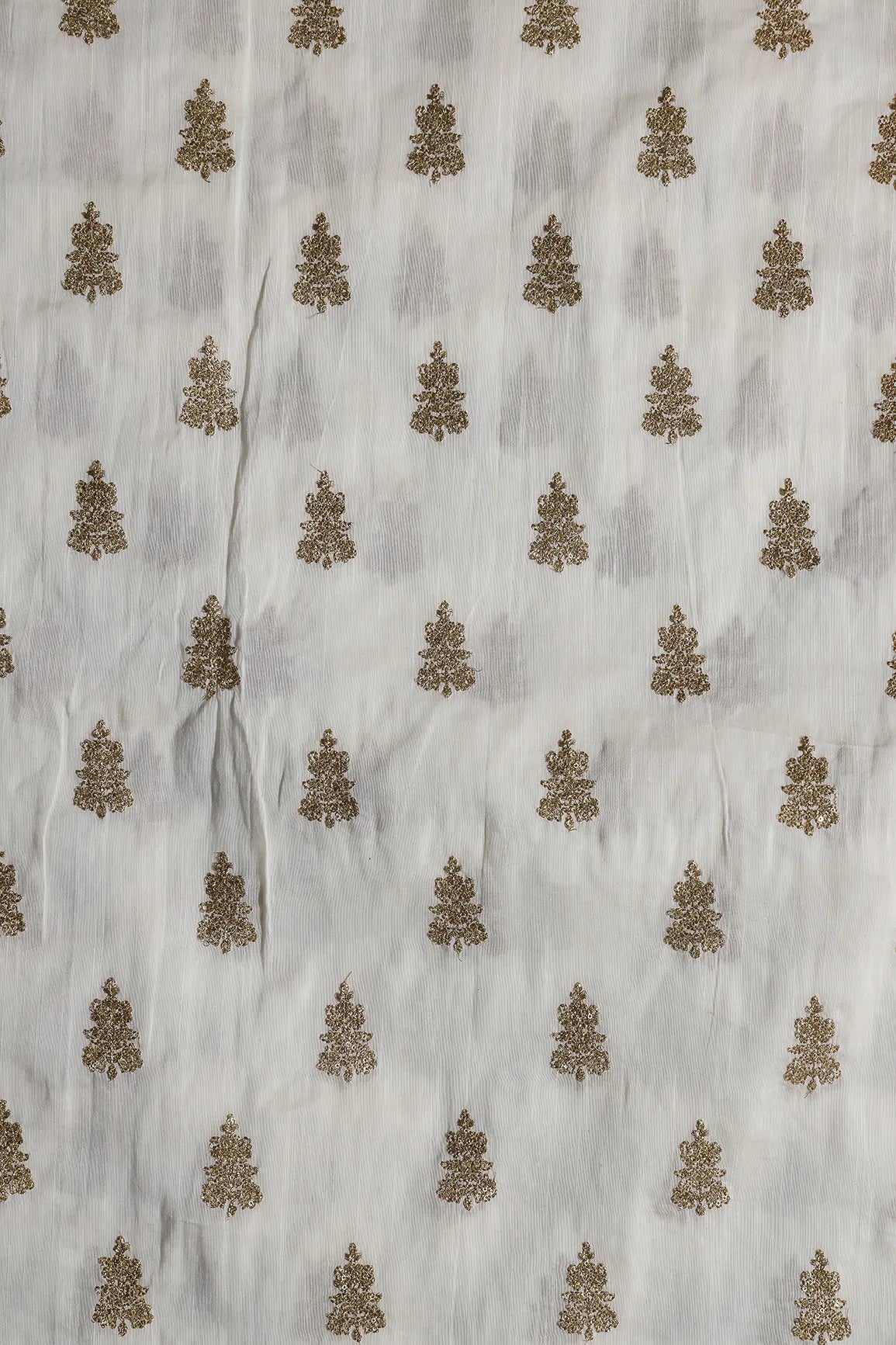 Gold Sequins With Gold Zari Big Motif Embroidery Work On White Raw Silk Fabric