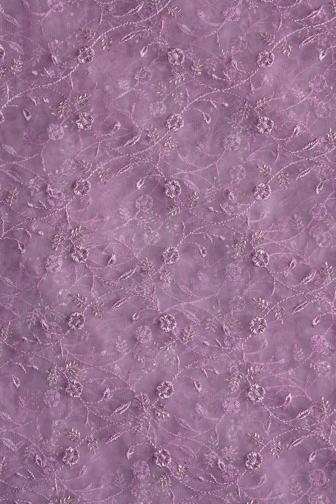 Lavender Thread With Beads Floral Leafy Embroidery Work On Lavender Soft Net Fabric
