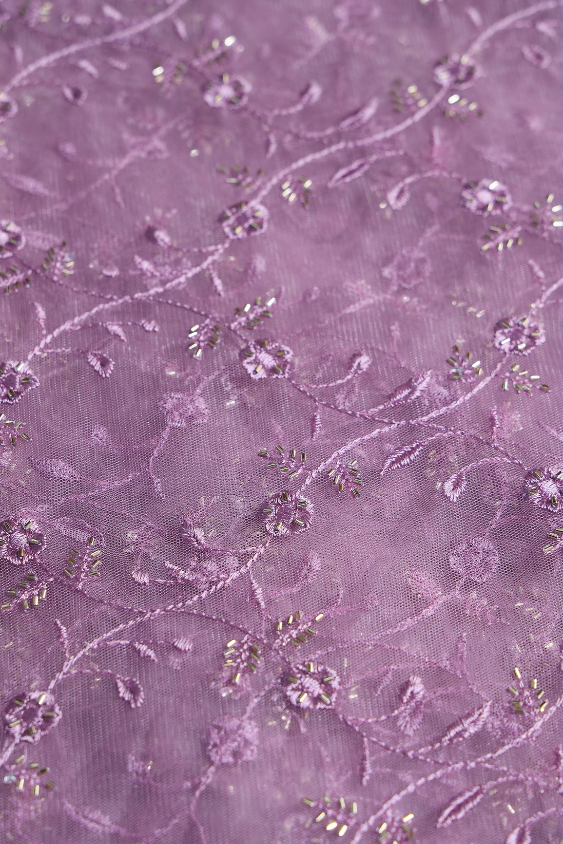 Lavender Thread With Beads Floral Leafy Embroidery Work On Lavender Soft Net Fabric