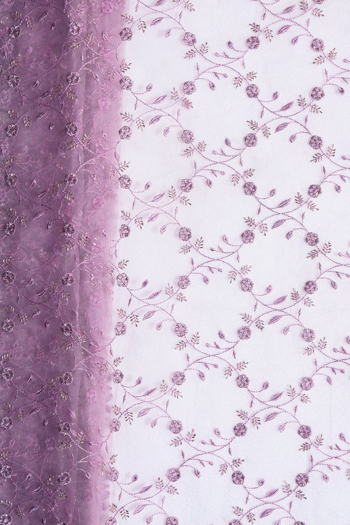 Lavender Thread With Beads Floral Leafy Embroidery Work On Lavender Soft Net Fabric