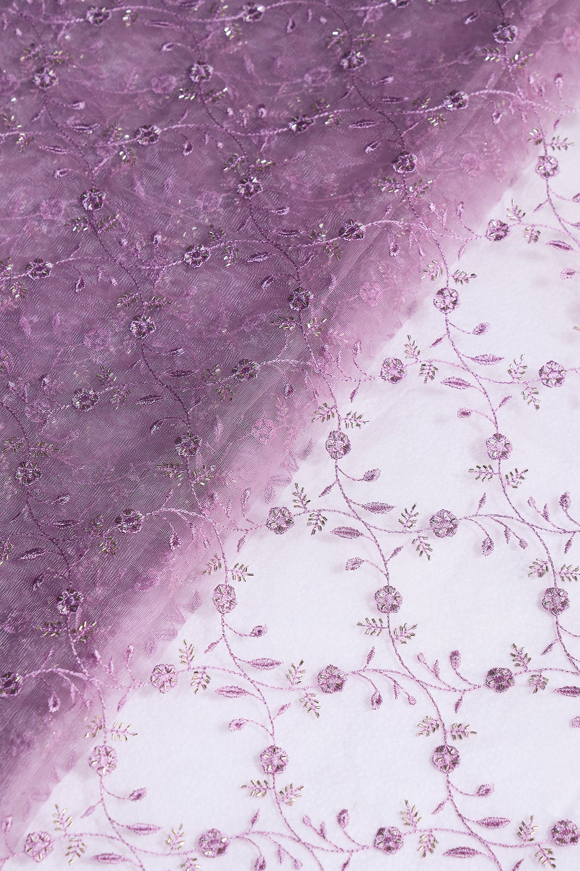 Lavender Thread With Beads Floral Leafy Embroidery Work On Lavender Soft Net Fabric