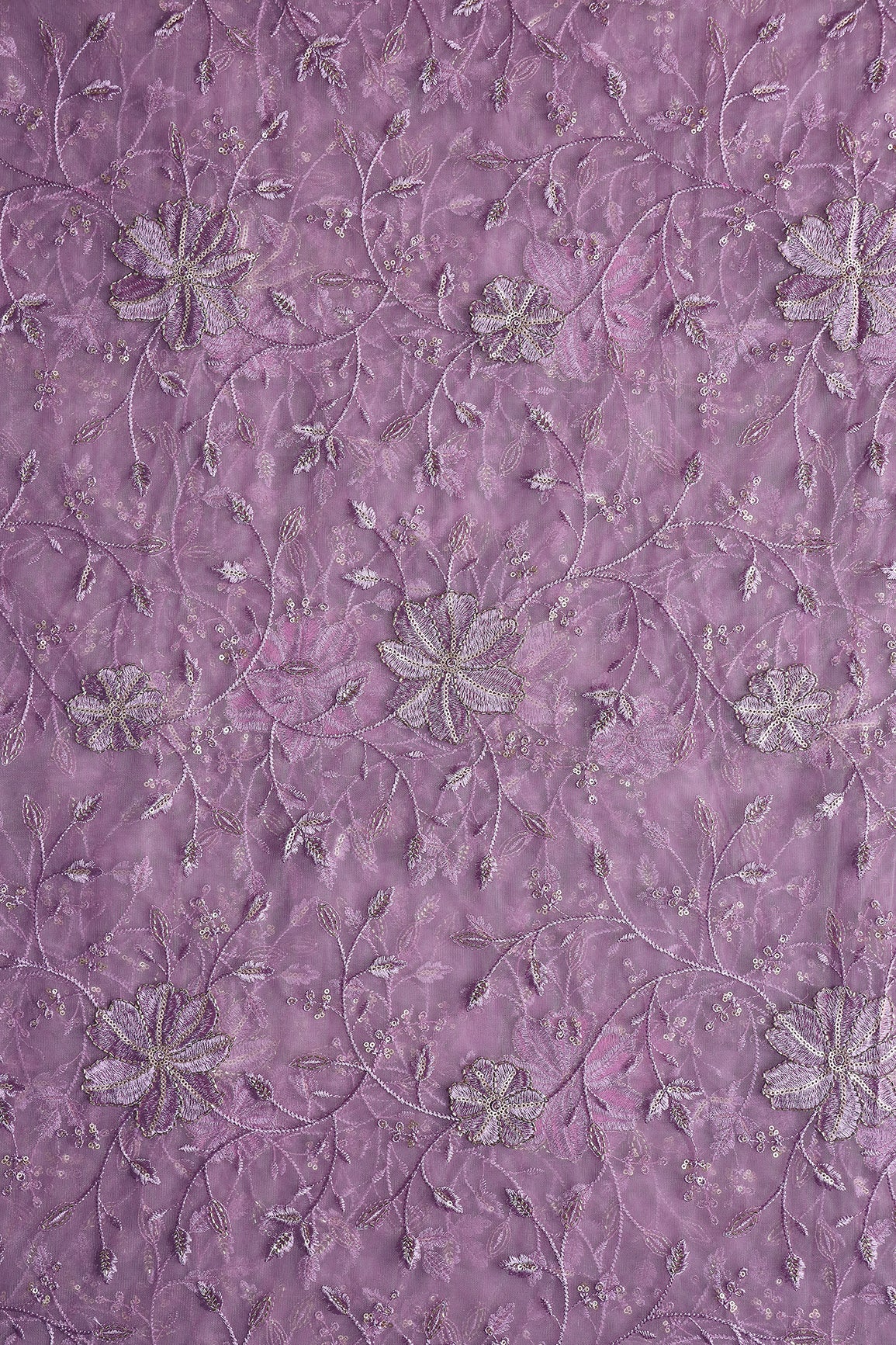 Lavender Thread & Beads With Gold Sequins Floral Leafy Embroidery Work On Lavender Soft Net Fabric