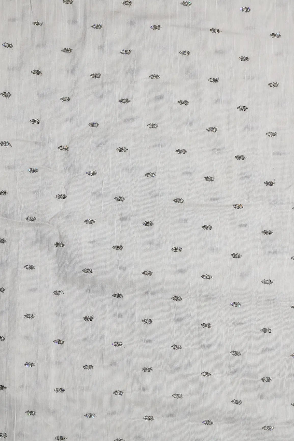 Silver Sequins With Gold Zari Small Motif Embroidery Work On White Raw Silk Fabric