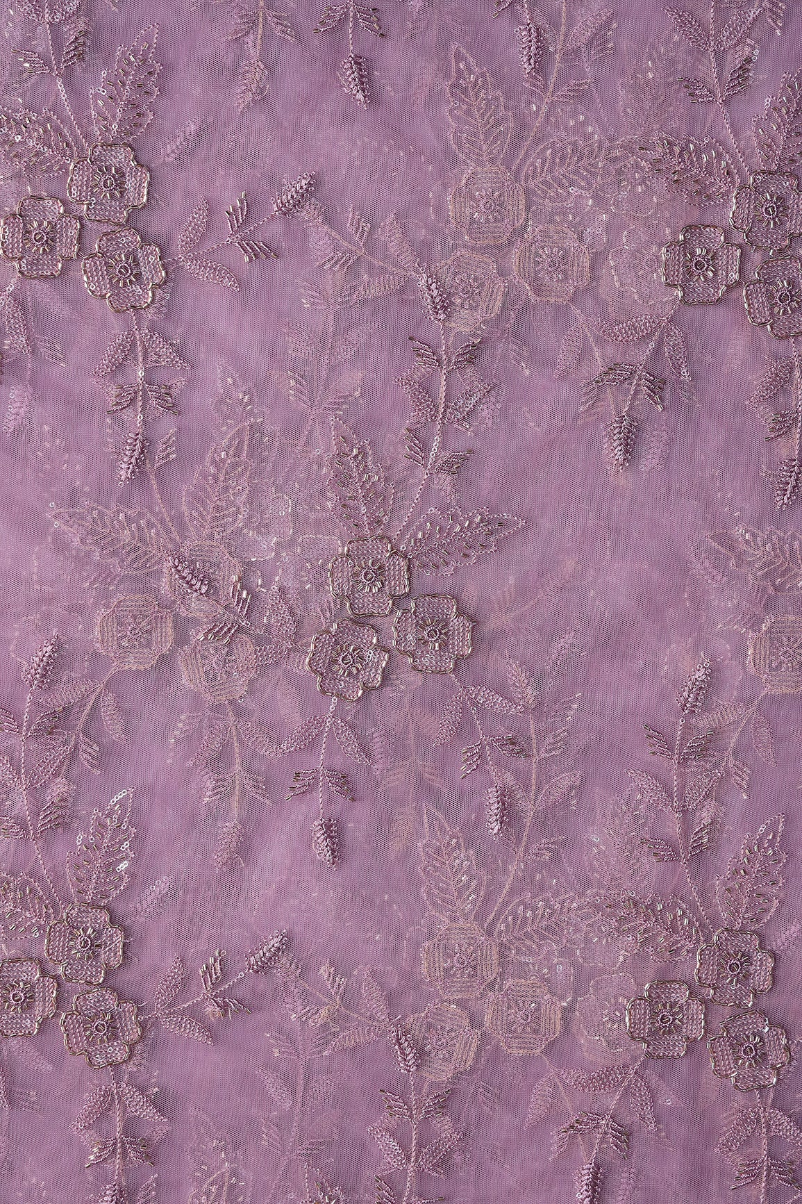 Light Purple Thread & Beads With Water Sequins Floral Embroidery Work On Light Purple Soft Net Fabric