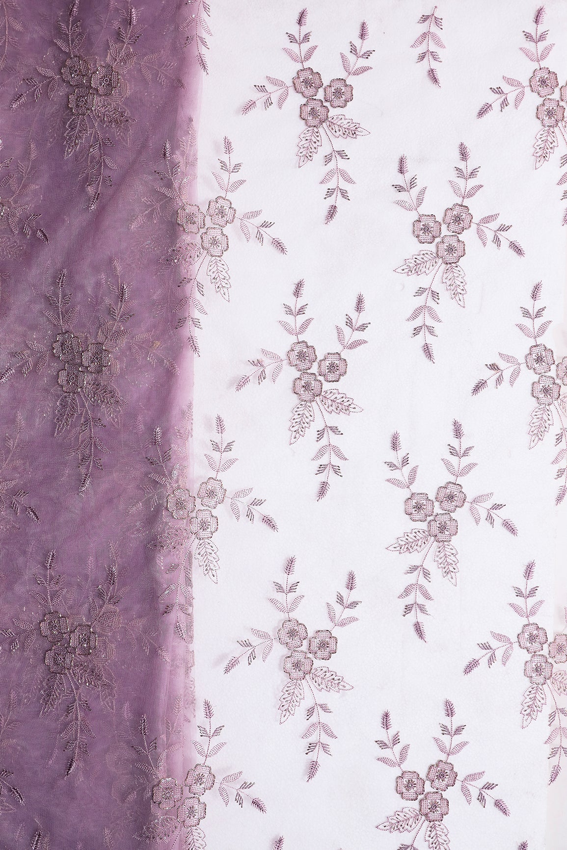 Light Purple Thread & Beads With Water Sequins Floral Embroidery Work On Light Purple Soft Net Fabric