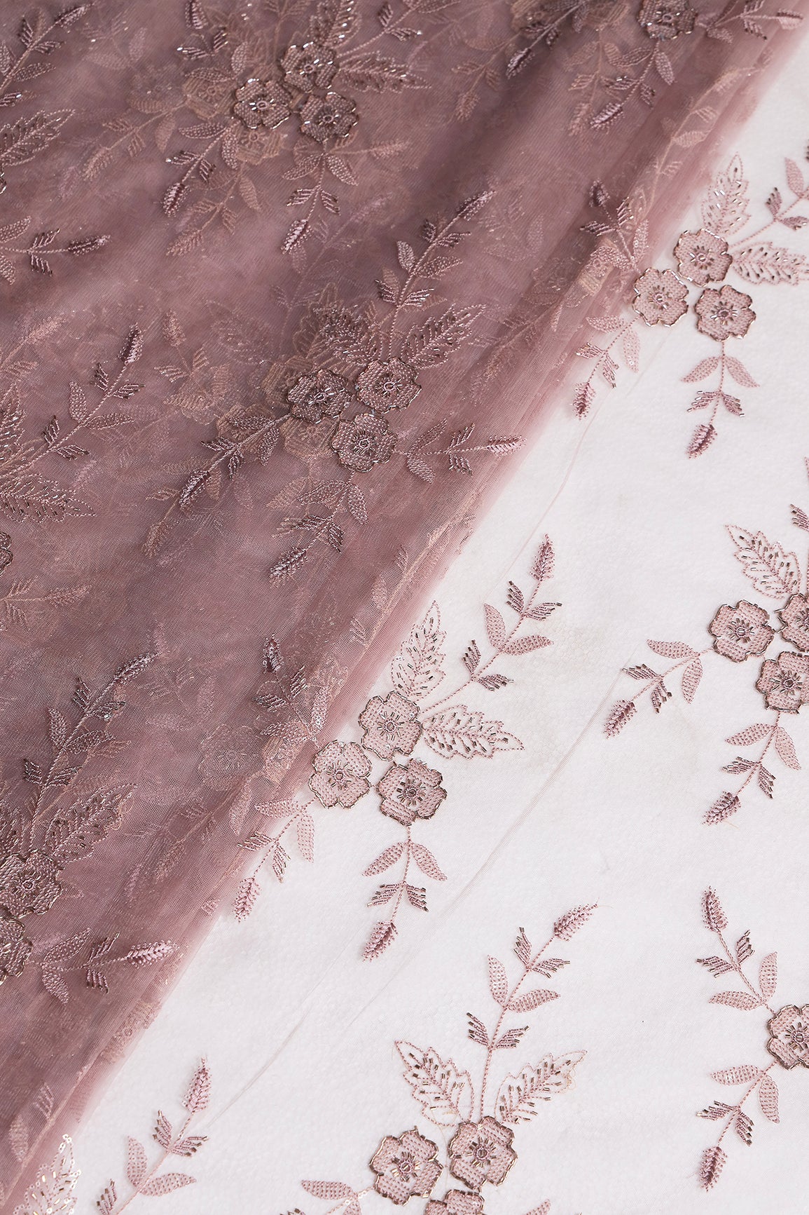 Mauve Thread & Beads With Water Sequins Floral Embroidery Work On Mauve Soft Net Fabric