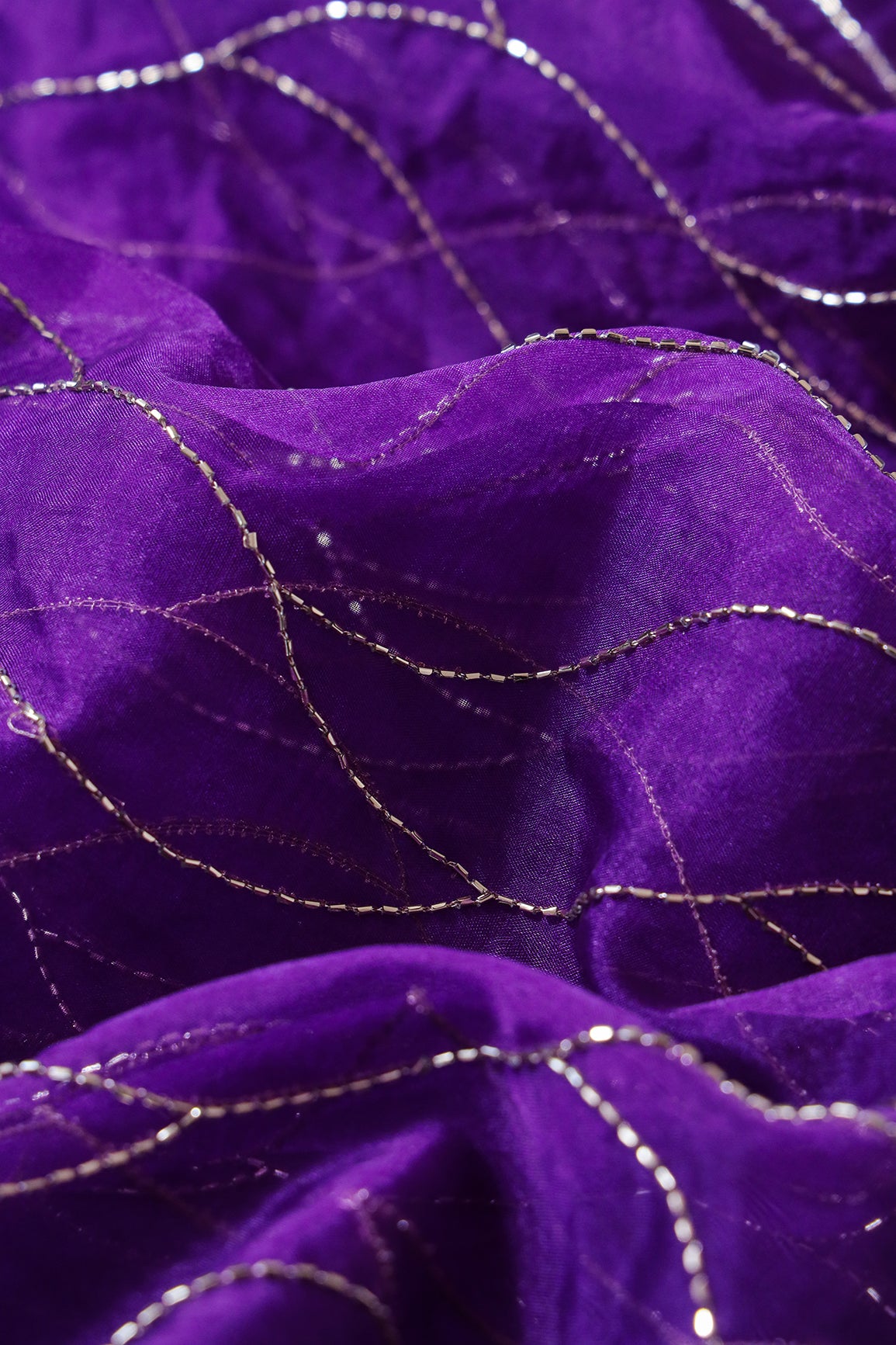 Cut Dana Beads Wonderful Wavy Embroidery On Purple Organza Fabric