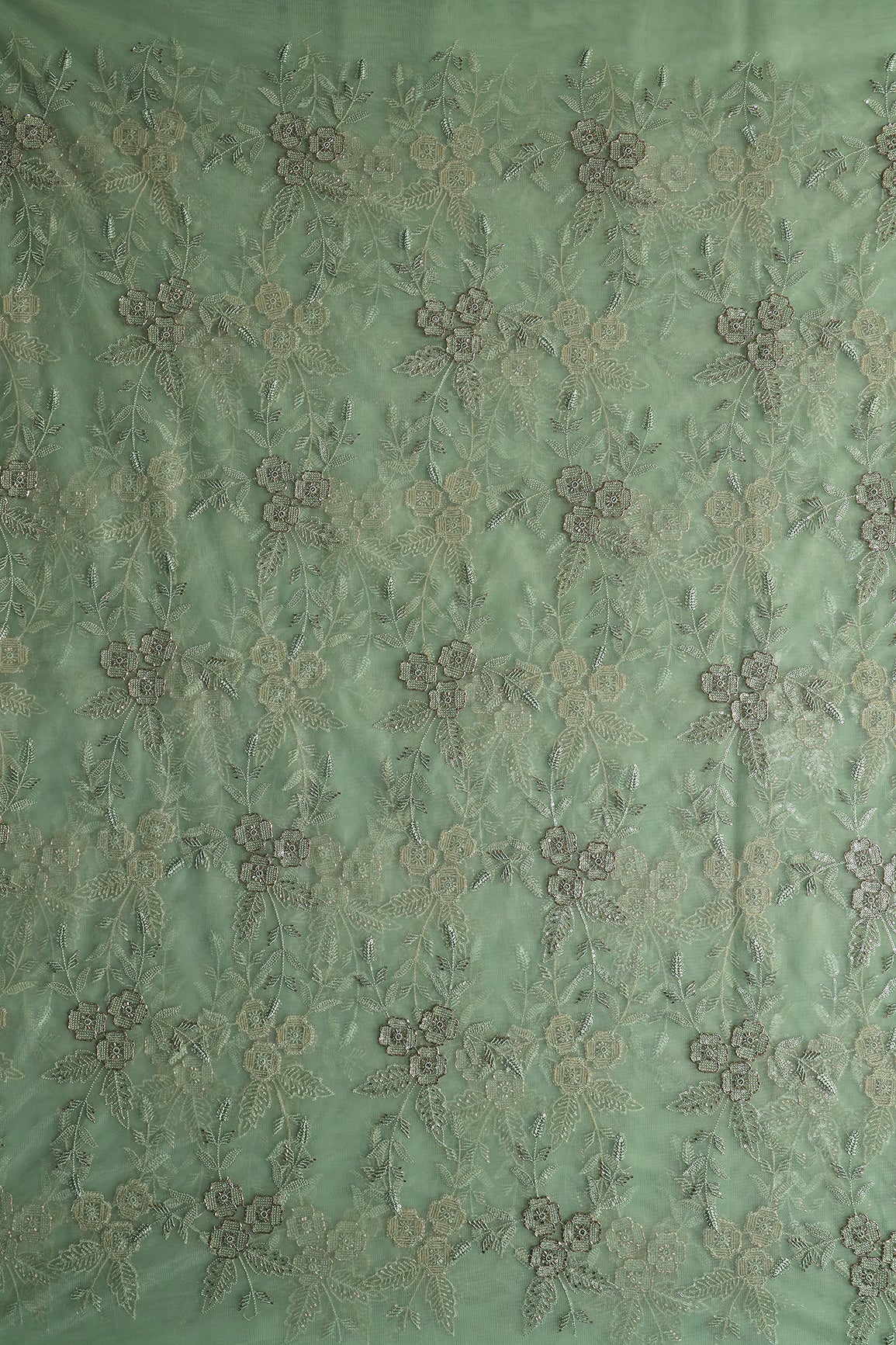 Olive Thread & Beads With Water Sequins Floral Embroidery Work On Olive Soft Net Fabric