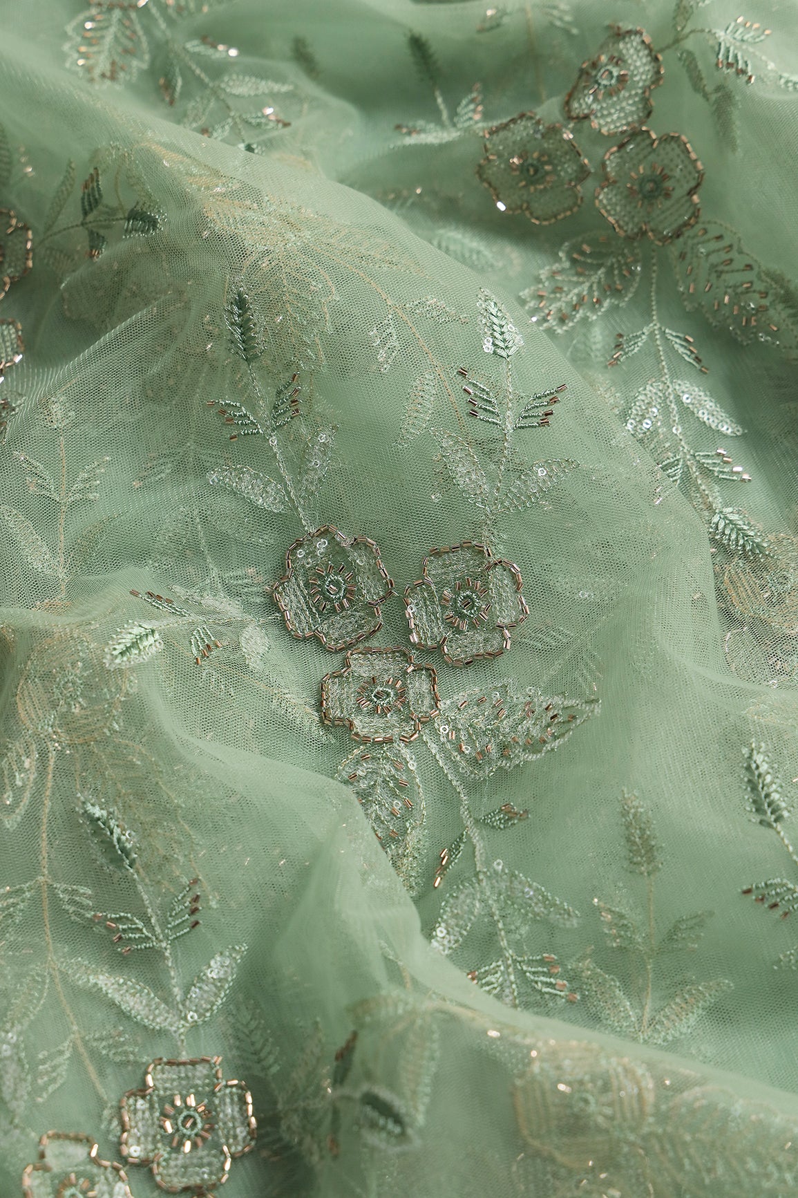 Olive Thread & Beads With Water Sequins Floral Embroidery Work On Olive Soft Net Fabric