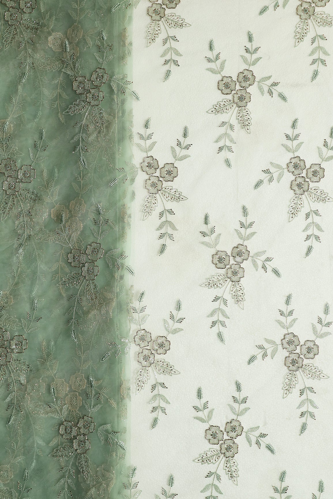 Olive Thread & Beads With Water Sequins Floral Embroidery Work On Olive Soft Net Fabric